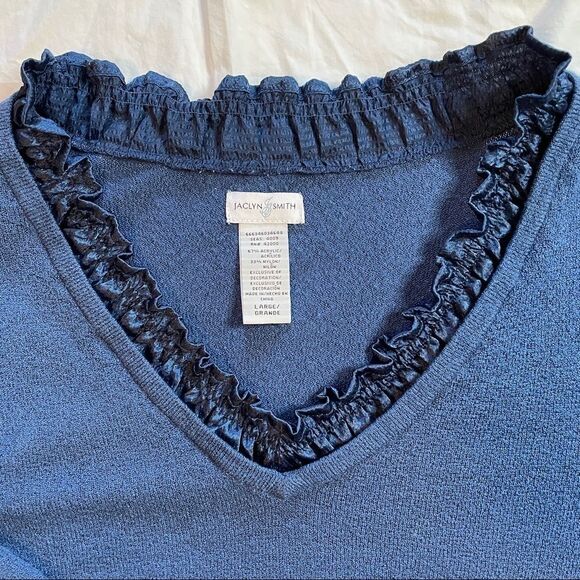 Jaclyn Smith blue sweater with v-neck ruffle, size large, 3/4 sleeves - Picture 2 of 10